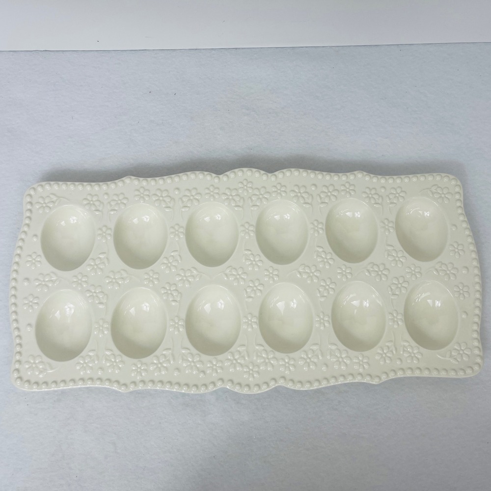 Threshold Deviled Egg Tray Cream Floral Embossed Stoneware Scalloped Excellent